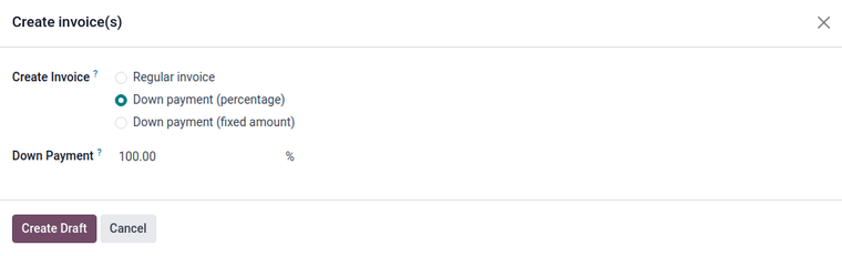 La opción de anticipo (porcentaje) seleccionada con 100% como anticipo.