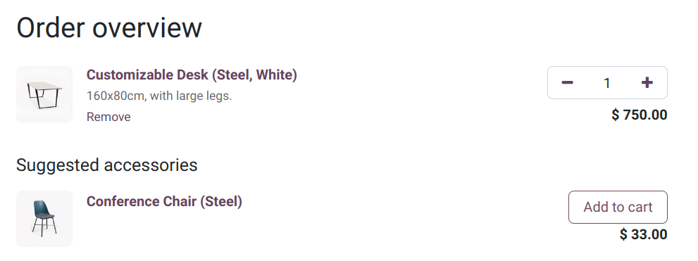 Accesorios sugeridos durante la confirmación del carrito.