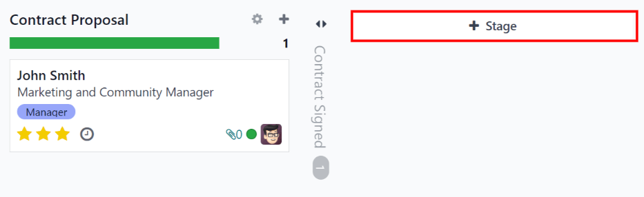 El signo más en el que debe hacer clic para agregar una nueva columna a las etapas de kanban.