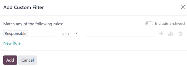 La ventana emergente para agregar un filtro personalizado que aparece en la aplicación Marketing por correo de Odoo.