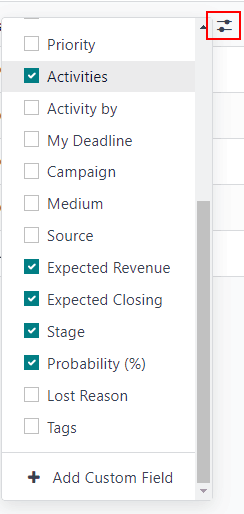 Filtro emergente personalizado en el que se resalta las opciones para actividades y fecha de vencimiento.