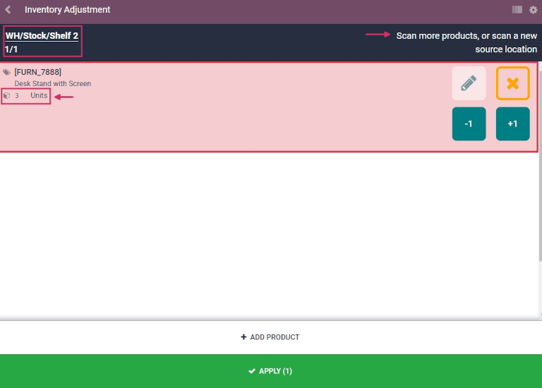 Página de Acción del cliente de código de barras de inventario con ajuste de inventario.