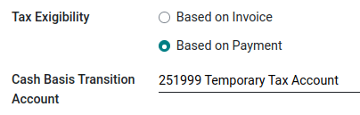 Completar la cuenta de transición de base de efectivo en la que se almacenarán los importes de impuestos hasta la conciliación del pago.