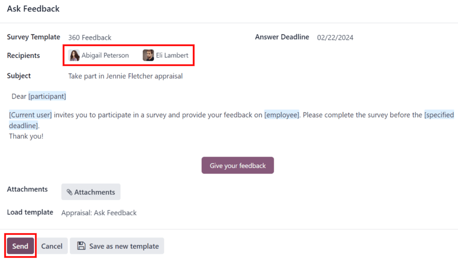 La ventana emergente de correo electrónico en donde se solicitan los comentarios de otros empleados.