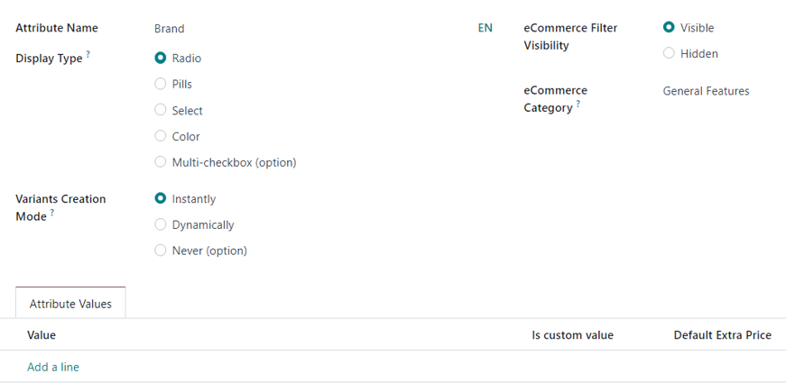 Un formulario de creación de atributos en blanco en la aplicación Ventas de Odoo