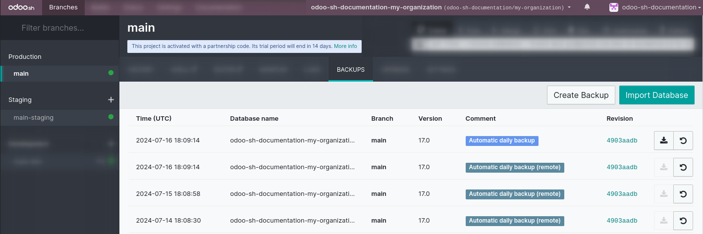 La pestaña de respaldo de la rama