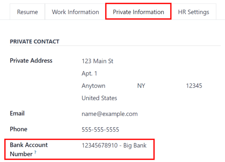 Puede agregar la información bancaria a la tarjeta de un empleado.