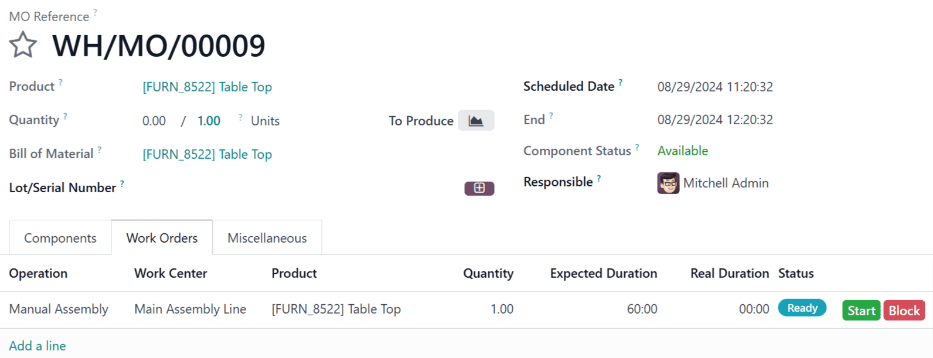 Antes de hacer clic en "Planear", la orden de trabajo se programará en "Centro de ensamblaje principal".