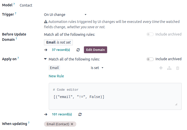 Ejemplo de un activador con Antes de la actualización del dominio