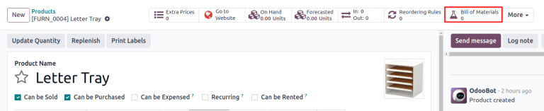 El botón inteligente de lista de materiales en un formulario de producto.