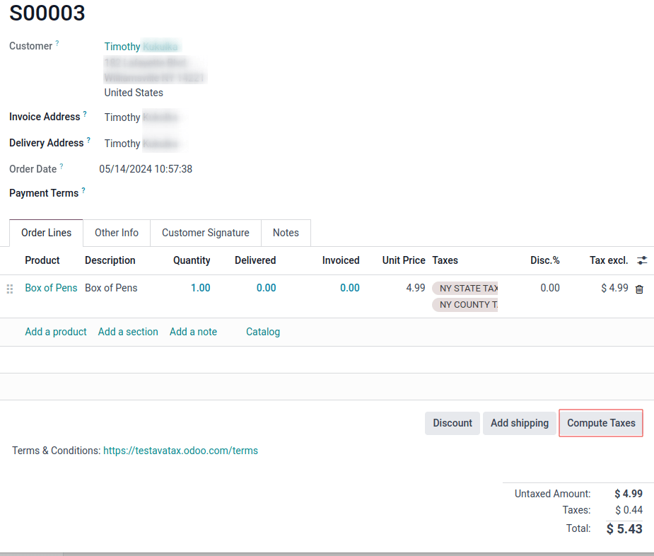 Una cotización de ventas con el botón confirmar y calcular impuestos dentro de un recuadro rojo.
