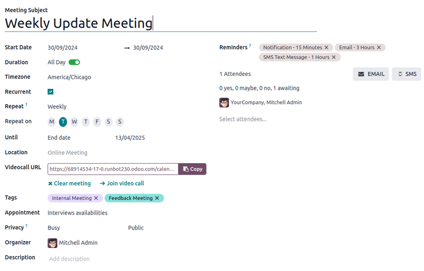 El formulario completo para un nuevo evento del calendario.