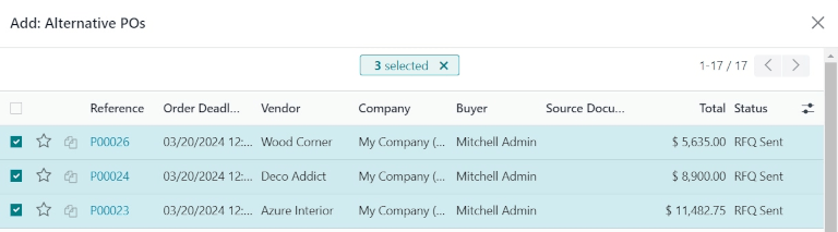 Una ventana emergente para vincular una nueva cotización a las solicitudes de cotización existentes.
