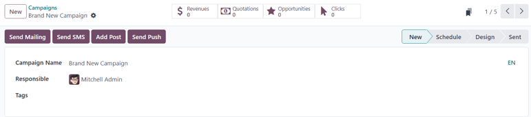 Visualización de un formulario de campaña en la aplicación Marketing por correo de Odoo.