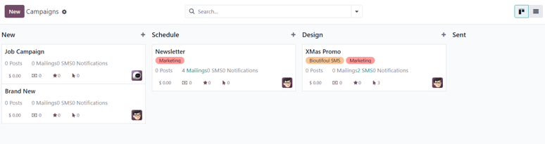 Visualización de la página de campaña en la aplicación Marketing por correo de Odoo.
