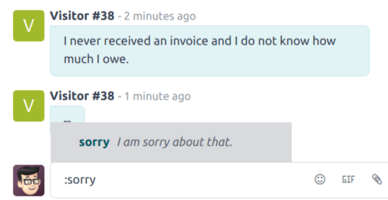 Vista de una ventana de chat y el uso de una respuesta predefinida en la aplicación Chat en vivo de Odoo.