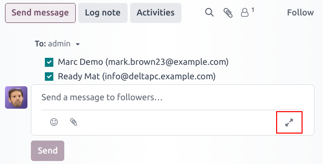 Un redactor del chatter con el icono para expandir resaltado.