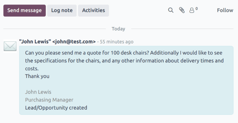 Captura de pantalla del hilo del chatter de un lead recién creado en la aplicación CRM.