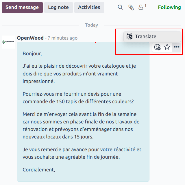 Imagen del hilo del chatter donde se resalta el botón Traducir.