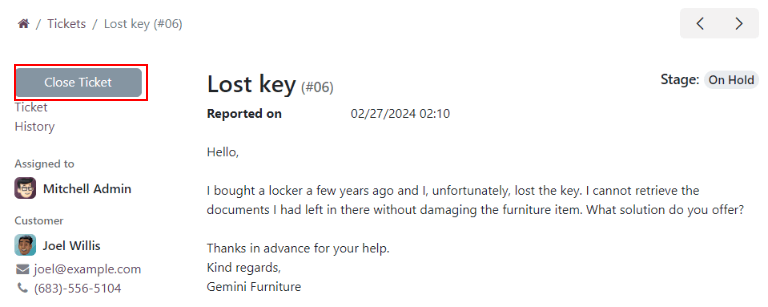 Vista del cliente al cerrar un ticket en la aplicación Soporte al cliente de Odoo.