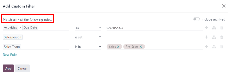 Un ejemplo de una ventana emergente para el filtro personalizado con todas las reglas configuradas.