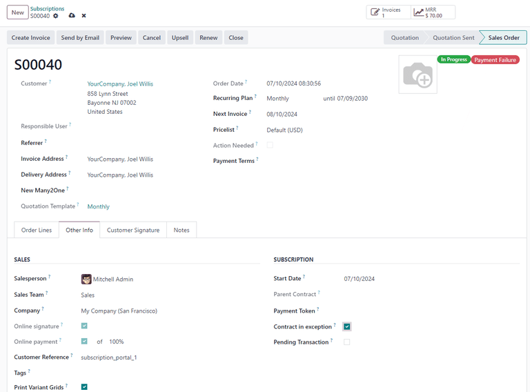 La opción de contrato con excepción seleccionada con la etiqueta de pago fallido visible.