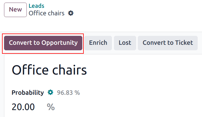 Captura de pantalla donde se muestra el botón para convertir una oportunidad en un registro de lead.