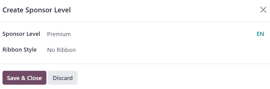 La ventana emergente Crear nivel de patrocinador que aparece en la aplicación Eventos de Odoo.