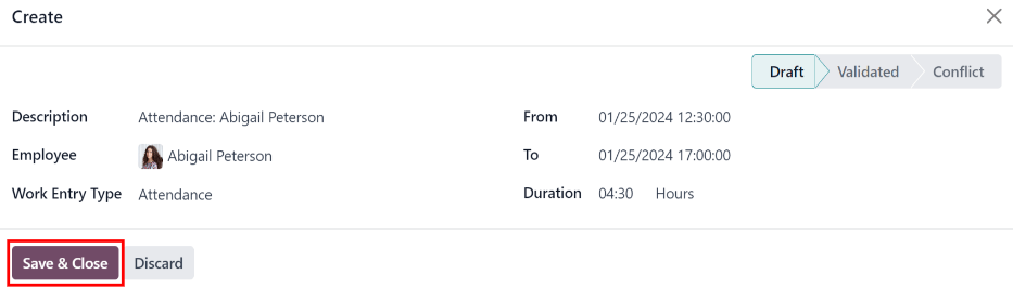 Formulario de 'crear' la entrada de trabajo en Odoo.