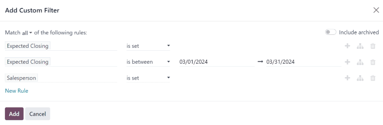 Ventana emergente para agregar filtros personalizados con filtros personalizados configurados para el reporte de ingresos esperados.