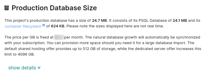 Captura de pantalla de los ajustes de tamaño de la base de datos de producción