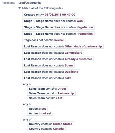 Vista de cómo se pueden personalizar los filtros de destinatarios en la aplicación Marketing por correo de Odoo.