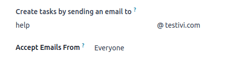 Vista del alias del correo electrónico elegido en el tablero del proyecto desde la aplicación Proyectos de Odoo.