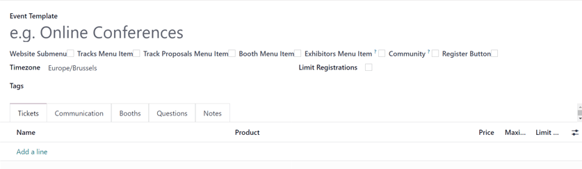 Una plantilla de evento estándar en la aplicación Eventos de Odoo.
