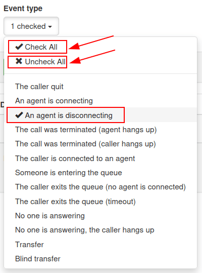 Tipos de eventos en la función de reportes de la cola Axivox.
