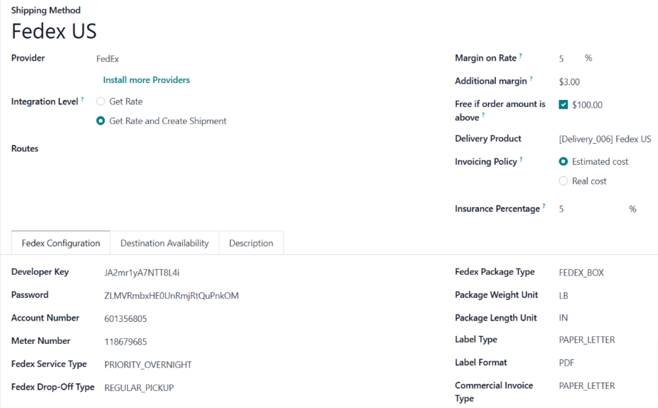 El formulario para un método de envío de FedEx.