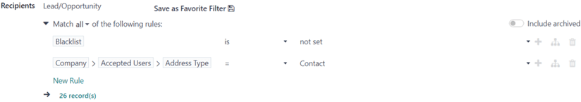 Vista de cómo se pueden personalizar los filtros de destinatarios en la aplicación Marketing por correo de Odoo.