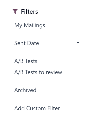 Imagen de las opciones en el menú desplegable de filtros en el tablero de Marketing por correo de Odoo.