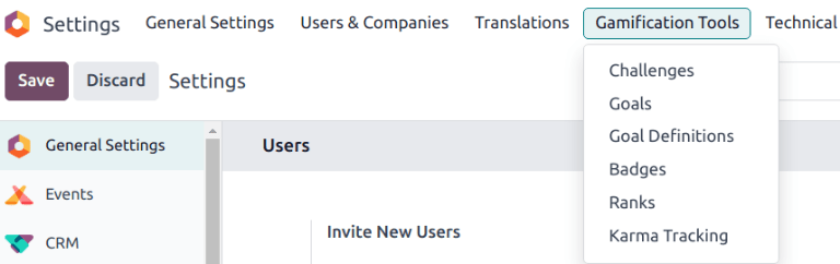 Vista del menú de herramientas de ludificación en los ajustes de Odoo.