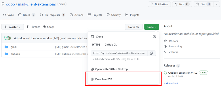 Descargar el archivo ZIP del repositorio de Odoo en GitHub para obtener los complementos de correo.