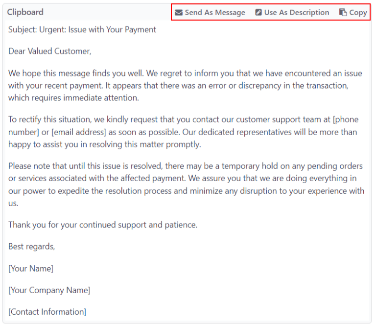 Vista de un portapapeles en Información con énfasis en las opciones de copiar y enviar. 