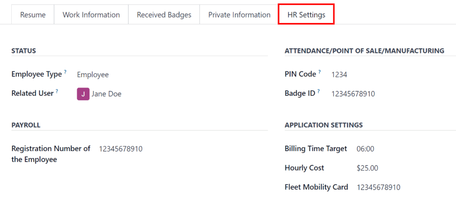 Escriba toda la información del empleado que se le solicita en la pestaña Ajustes de RR. HH.
