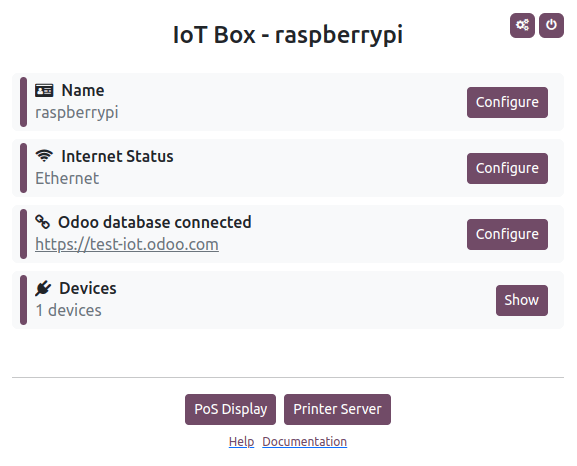Página de inicio de la caja IoT