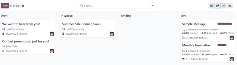 Vista de kanban del tablero principal de la aplicación Marketing por correo de Odoo.