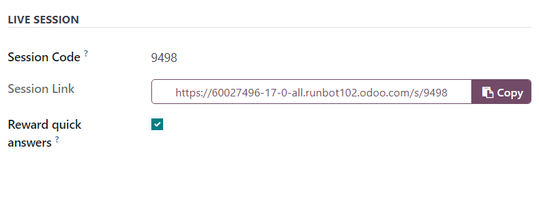 La sección de sesión en vivo de la pestaña Opciones en un formulario de encuesta en la aplicación Encuestas de Odoo.