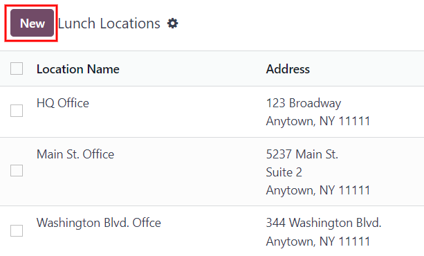 Una vista de lista de las ubicaciones donde se resalta el botón nuevo.