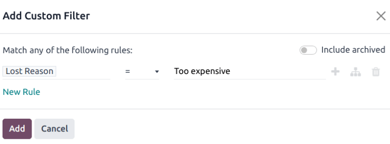 Barra de búsqueda con un filtro personalizado agregado para motivo de pérdida