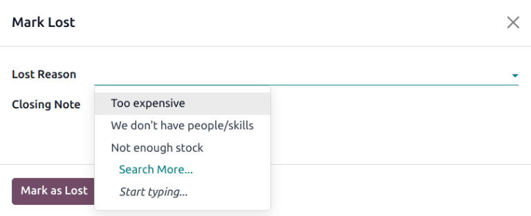 Ventana emergente donde poner el motivo de pérdida con motivos de ejemplo.