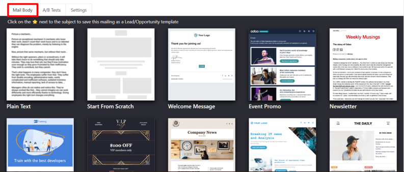 Vista de las plantillas en la pestaña Cuerpo del correo en la aplicación Marketing por correo de Odoo.