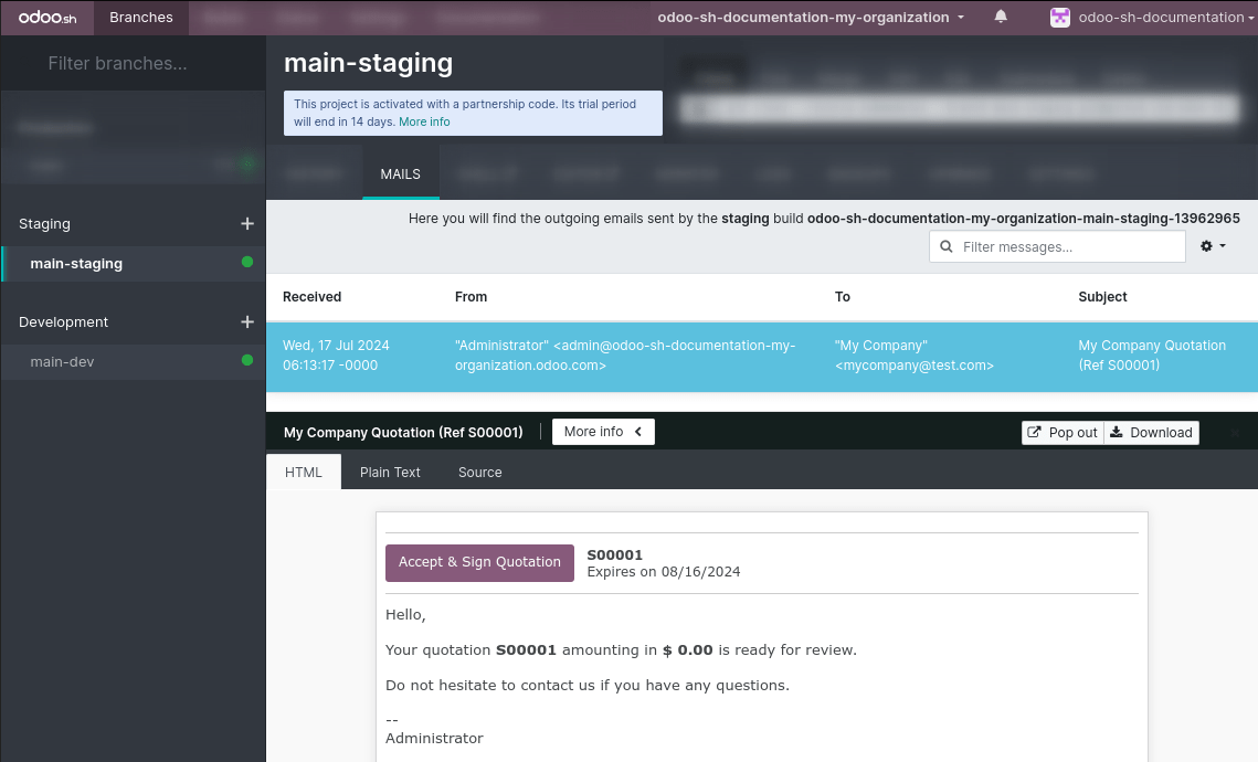 La pestaña de correos de las ramas.